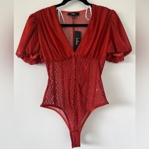 Lulus Properly Trendy Rust Red Mesh Puff Sleeve
Bodysuit